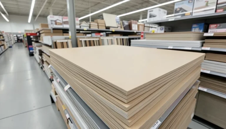 Stack of real MDF sheets at a lumber store