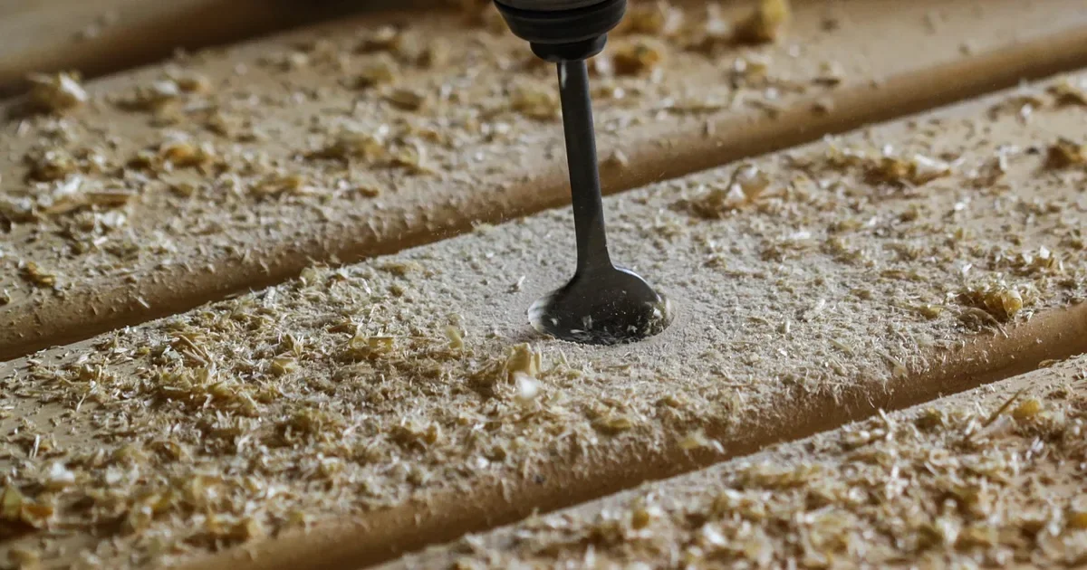 Drill bit boring into a sawdust-covered MDF style board