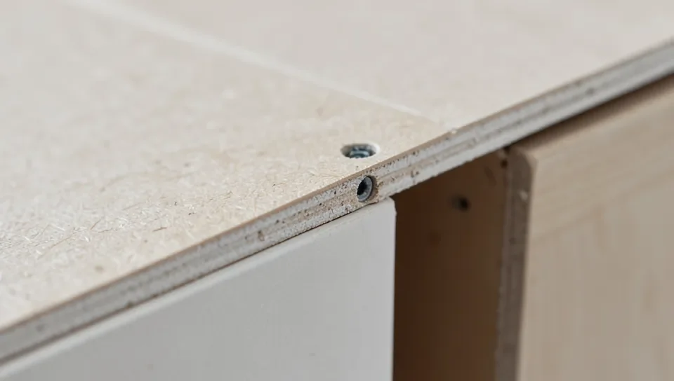 A stripped hinge screw hole, a common MDF cabinet wear point