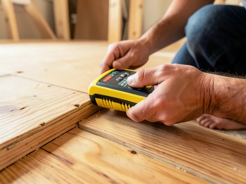 Contractor checking subfloor moisture with a meter before installing wood flooring