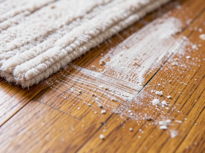 Close-up of a wet mop pad on a hardwood floor showing a streak-free clean section next to an unmopped dusty section