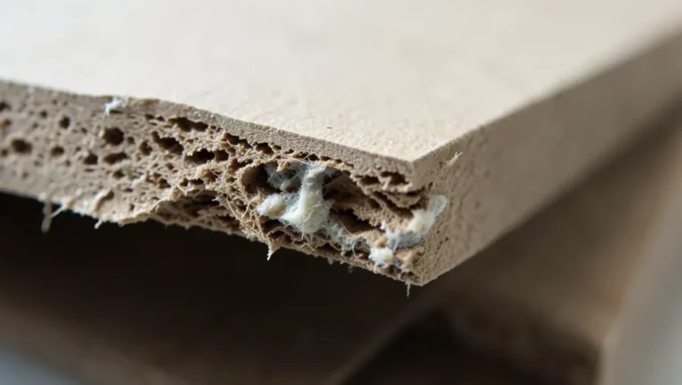 MDF board edge swollen and crumbling from water exposure