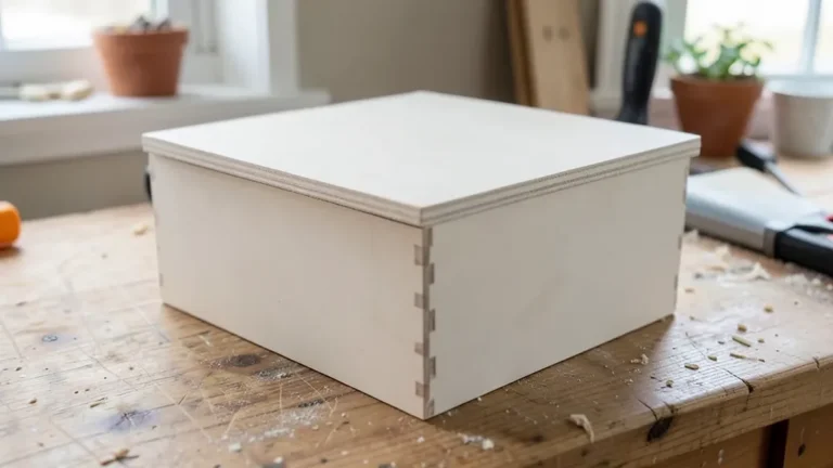 Plain unfinished MDF wood craft box with a hinged lid on a workbench