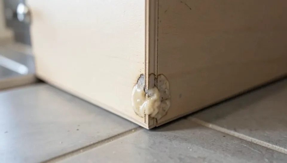 Water damage at the base of an MDF cabinet near a sink