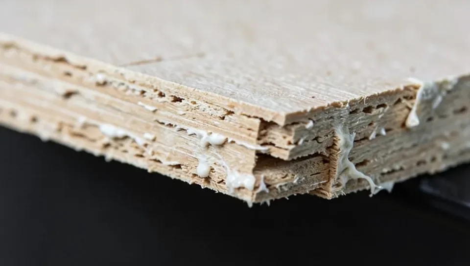 A water-damaged MDF edge showing swelling and crumbling