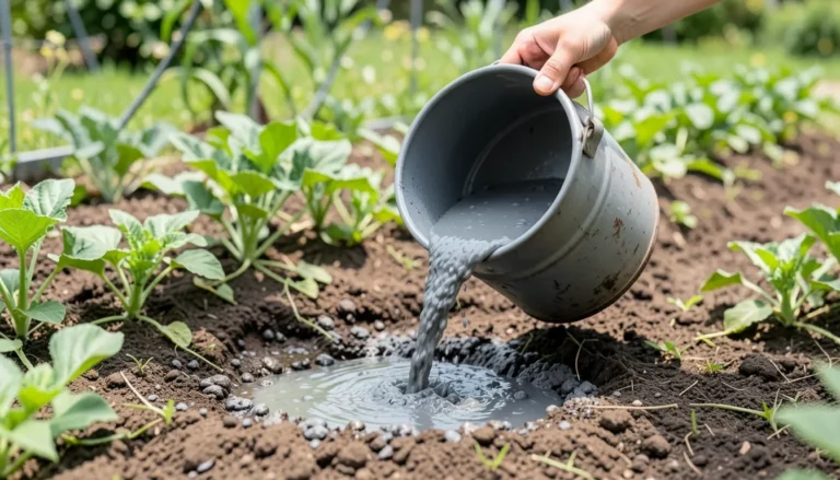 Watering a vegetable garden bed with wood ash fertilizer tea