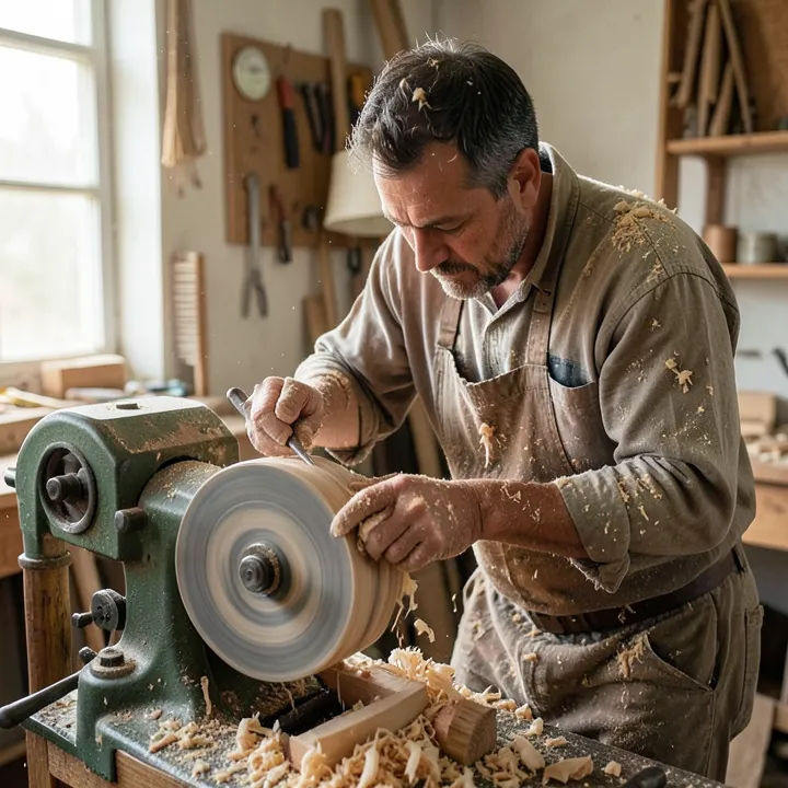 woodworker covered in wood shavings and dust while turning wood on a lathe with no respirator