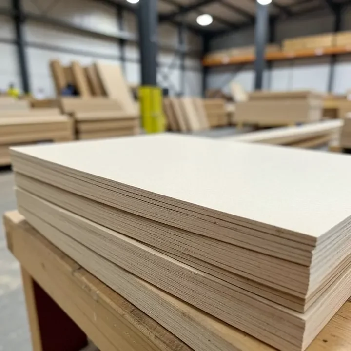 Stack of smooth MDF boards in a warehouse