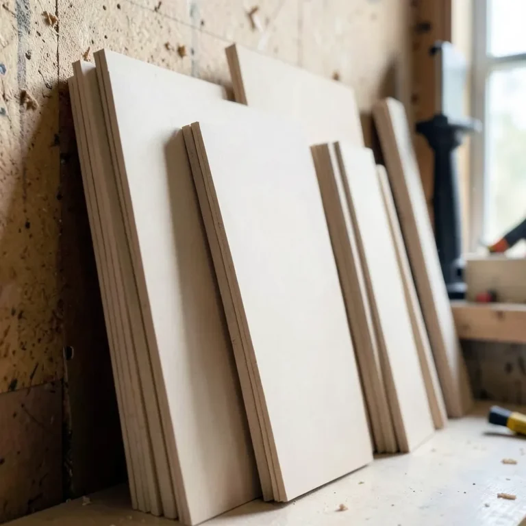 Stacked sheets of MDF board in a workshop