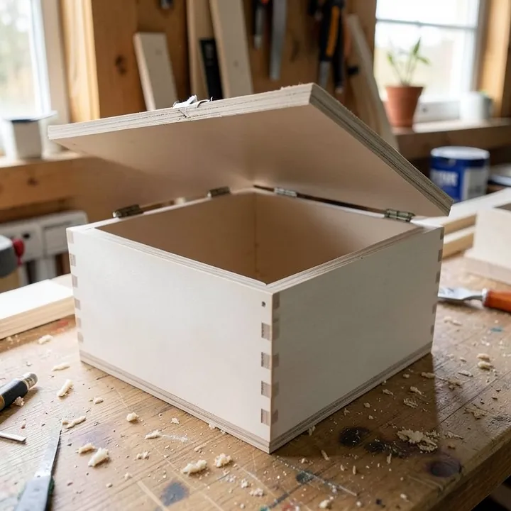 Plain unfinished MDF wood craft box with a hinged lid
