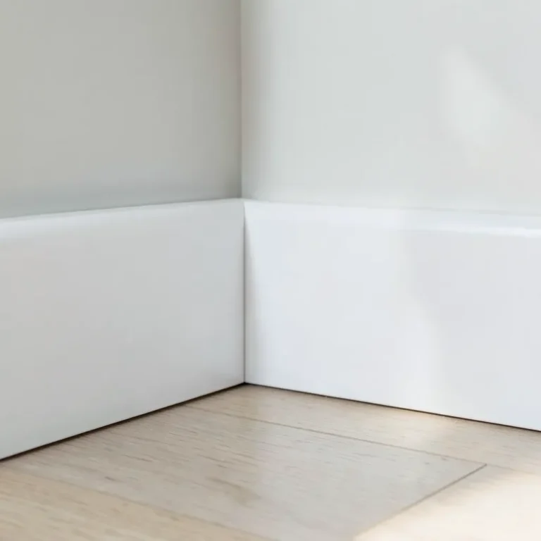 White painted MDF baseboard trim along an interior wall corner
