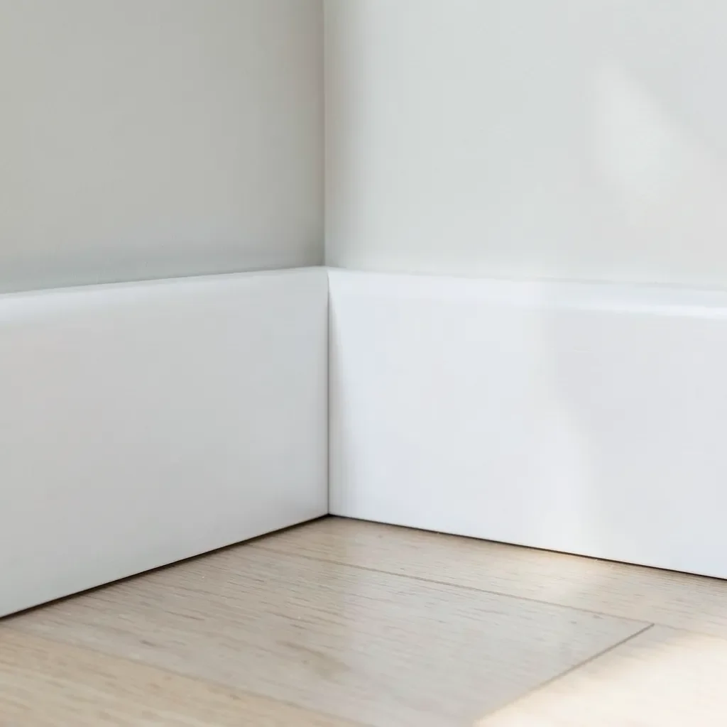 White painted MDF baseboard trim along an interior wall corner