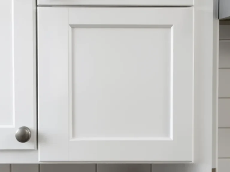 Close-up of a smooth white-painted shaker-style cabinet door