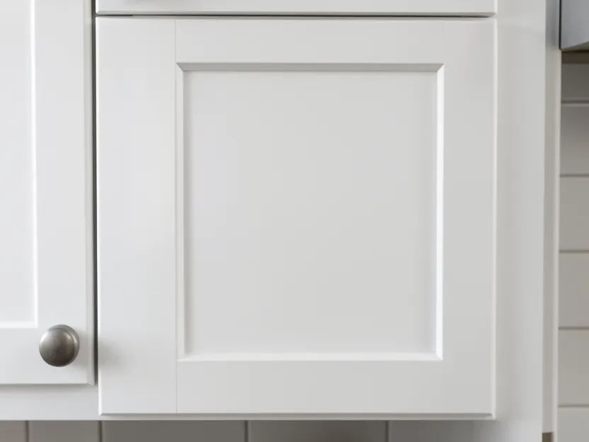 Close-up of a smooth white-painted shaker-style cabinet door