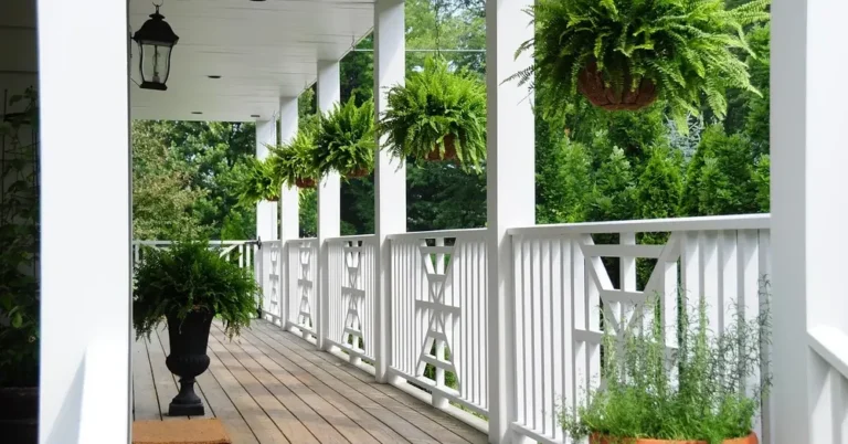 White wood deck railing with vertical balusters along a covered porch deck