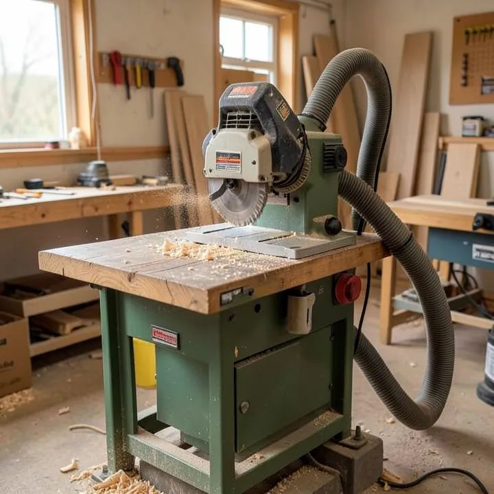 Jobsite table saw connected to a shop vacuum hose for dust collection