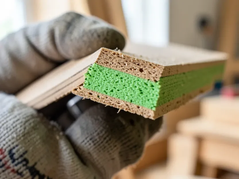 close-up of a cut MDF board edge showing a green dyed core layer held in a gloved hand