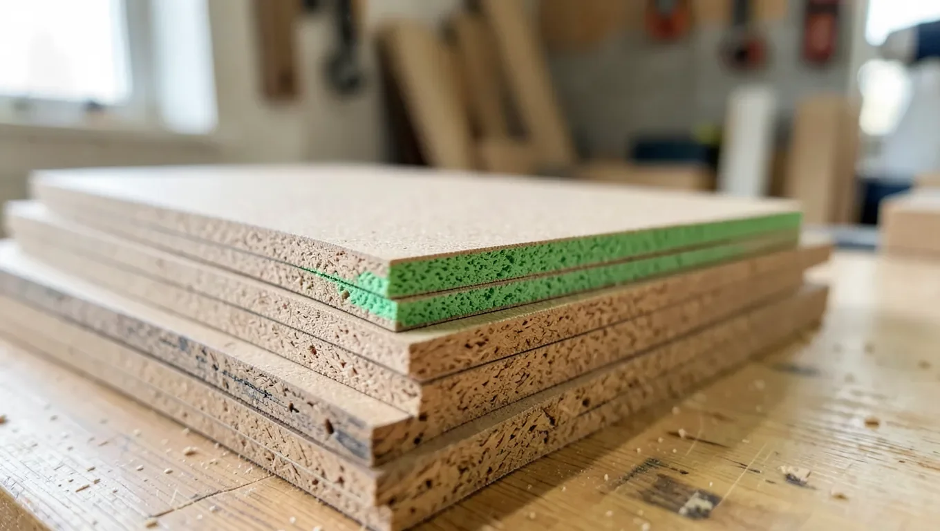 stack of MDF boards showing a green dyed core layer at the cut edge