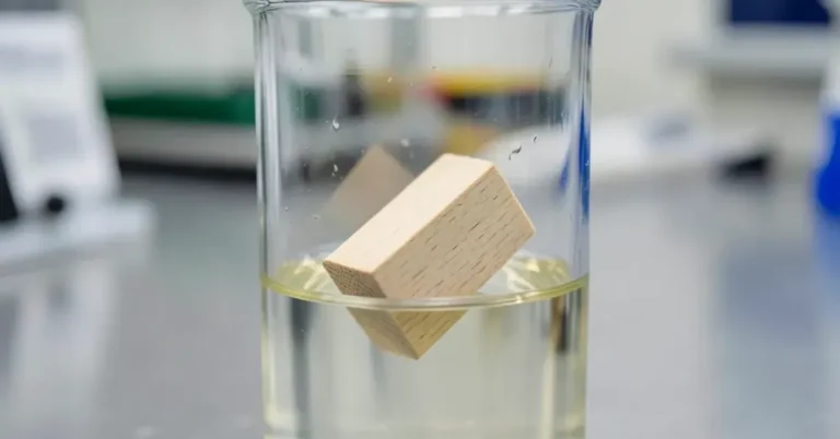 Block of light-colored ash wood floating in a glass beaker of liquid