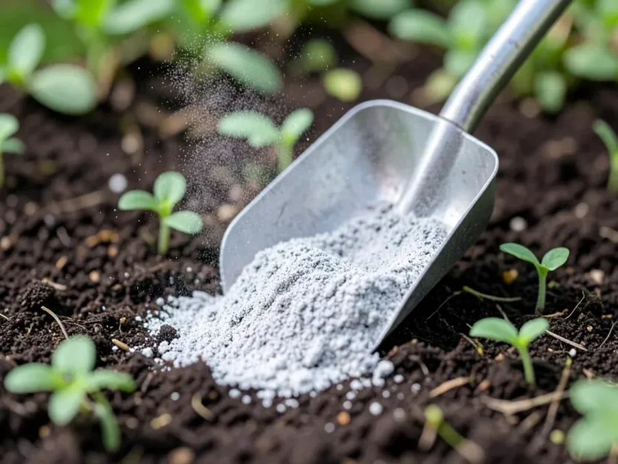 Scoop of fine wood ash powder being applied to garden soil near young seedlings