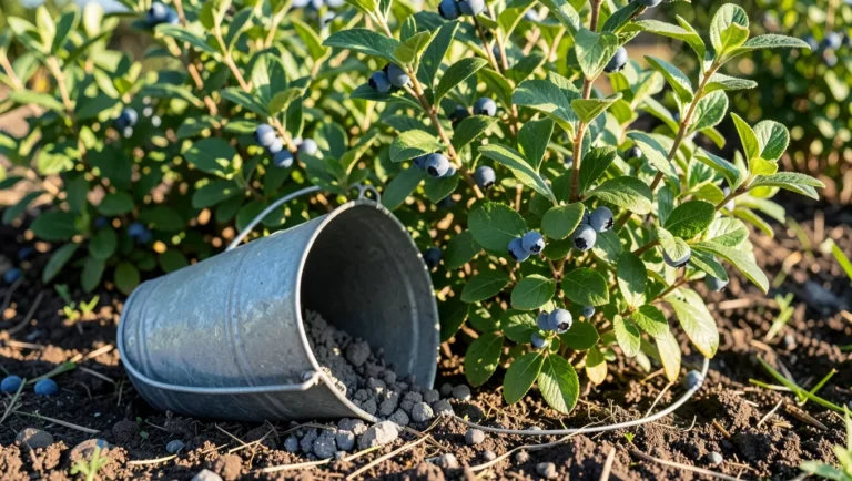 Metal bucket of wood ash spilled beside a healthy blueberry bush, an acid-loving plant harmed by wood ash