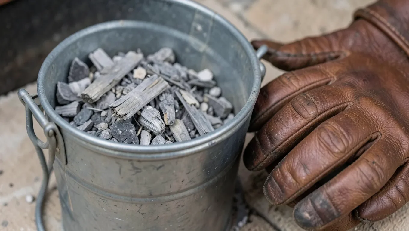 A bucket of wood ash next to leather gloves for safe handling