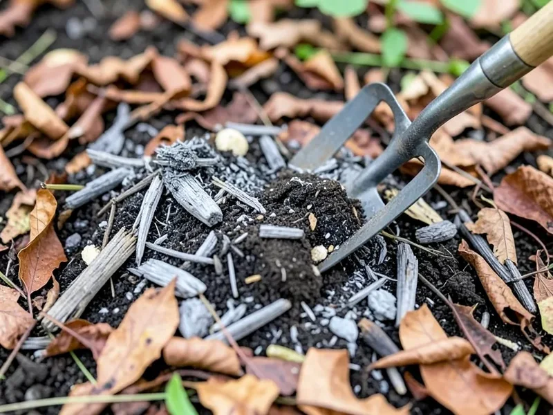 Wood ash mixed into a compost pile with a garden fork turning it in
