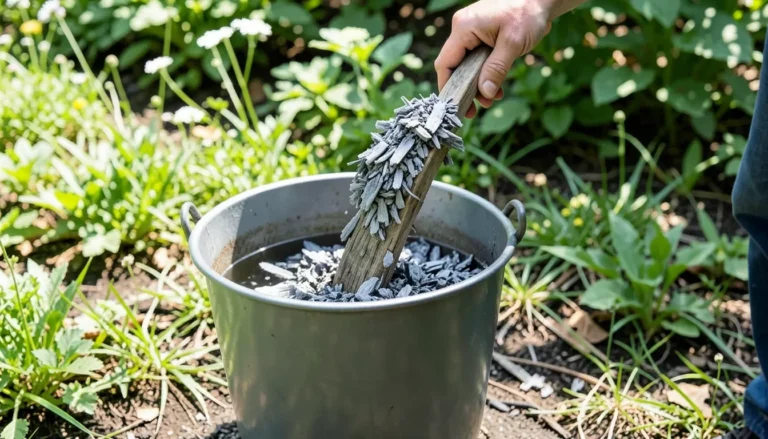 Wood ash being stirred into a bucket of water for garden use