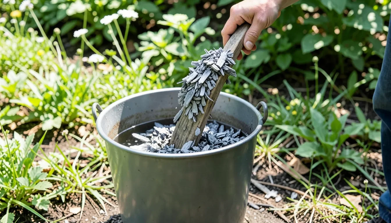 Wood ash being stirred into a bucket of water for garden use