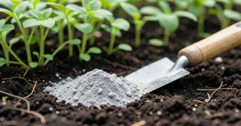 Fine grey wood ash powder next to a garden trowel and vegetable seedlings