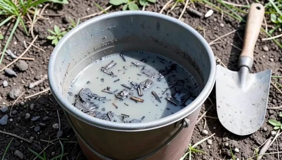 Wood ash steeping in a bucket of water for garden fertilizer