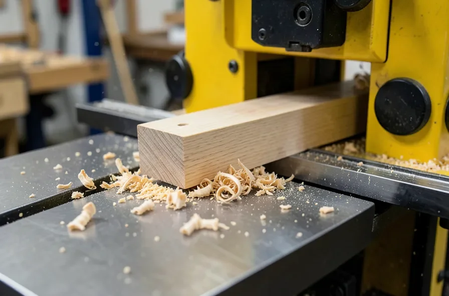 A rough-sawn wood board being fed through a benchtop thickness planer with wood shavings on the table