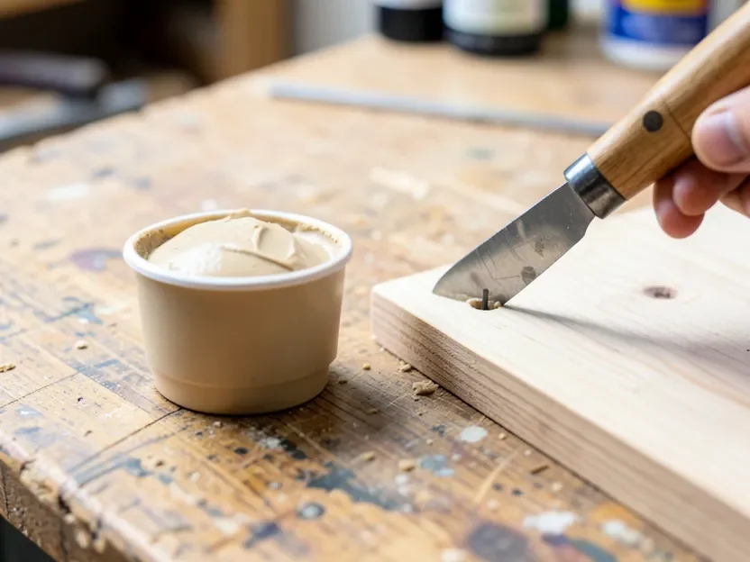 Commercial wood filler being applied to a nail hole with a putty knife