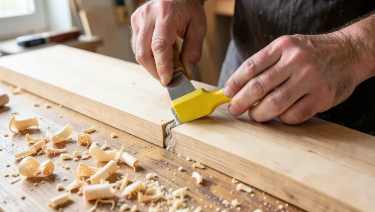 Woodworker pressing wood filler into a crack in a wood board with a putty knife