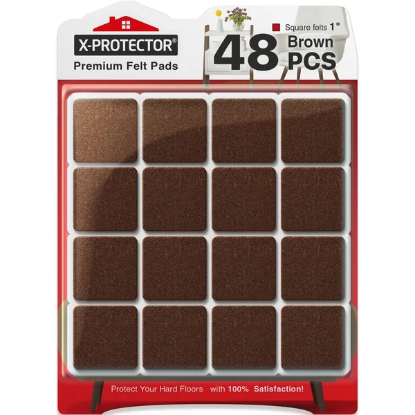 X-Protector brown felt furniture pads, 48-pack, 1-inch square, package photo