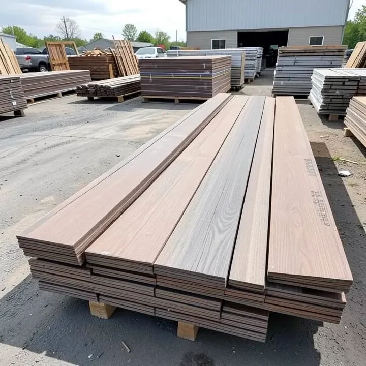 Stacked 12-foot deck boards at a lumber yard