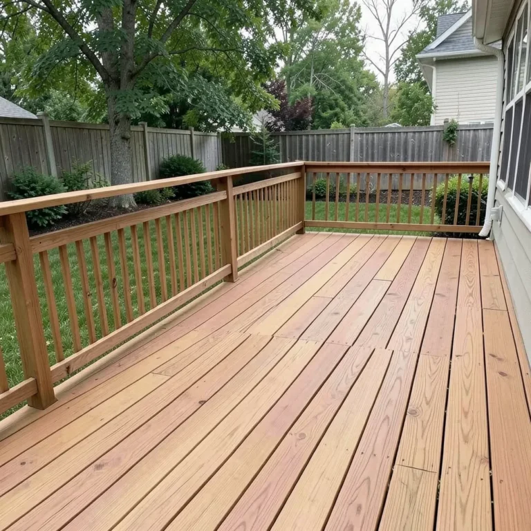 Newly built wood deck with long boards spanning the width