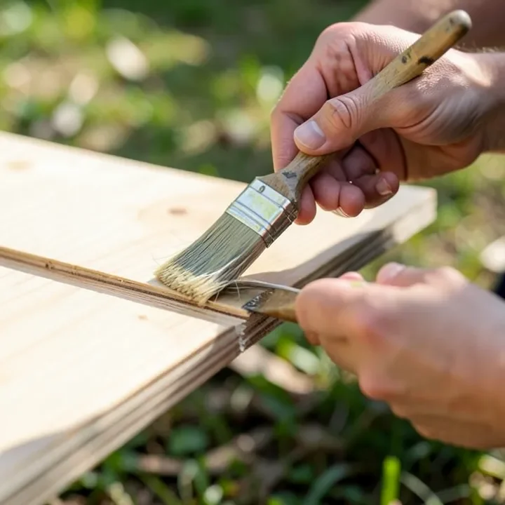 Sealing the cut edge of a plywood sheet with a brush before outdoor use