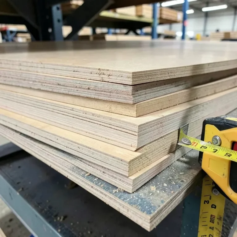 Stack of plywood sheets of different thicknesses at a lumberyard