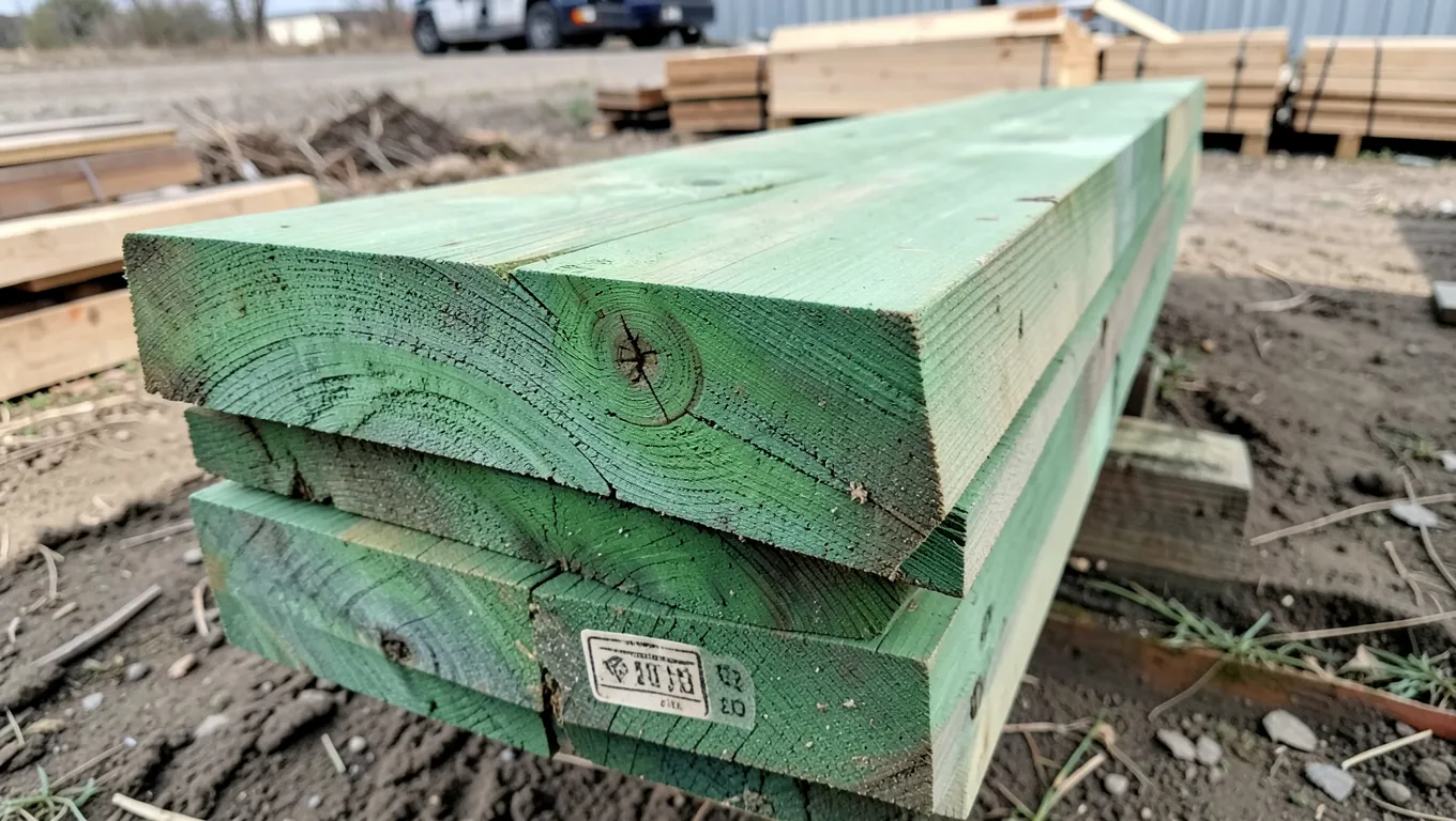 Stack of pressure treated 2x6 lumber showing the end tag stamp with retention and exposure rating