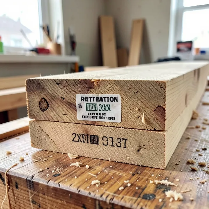 Stack of pressure treated 2x6 lumber showing the end tag stamp with retention and exposure rating