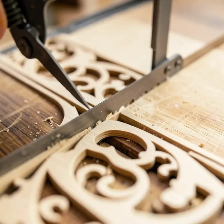 Scroll saw blade cutting an intricate fretwork pattern