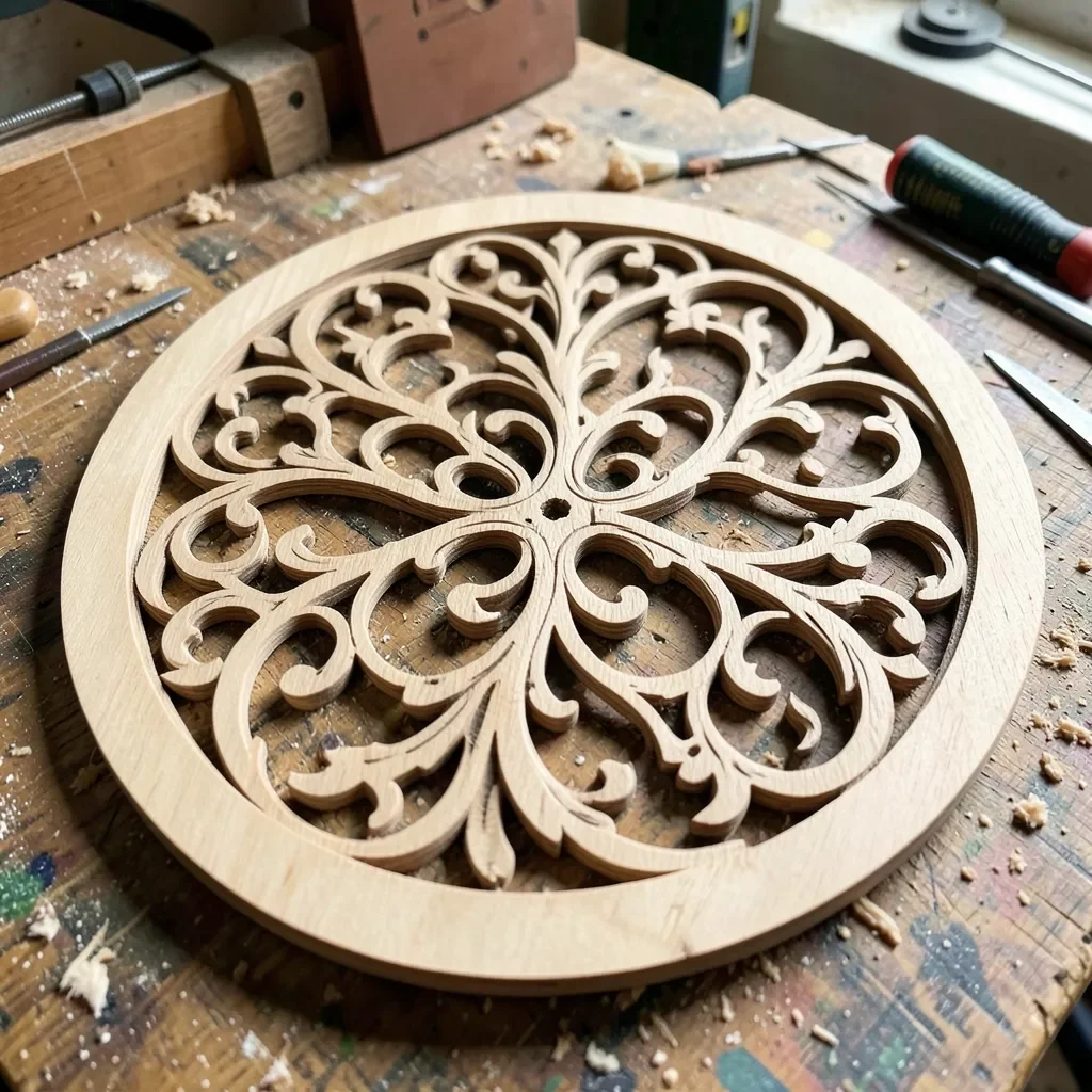 Intricate scroll saw fretwork pattern cut from wood