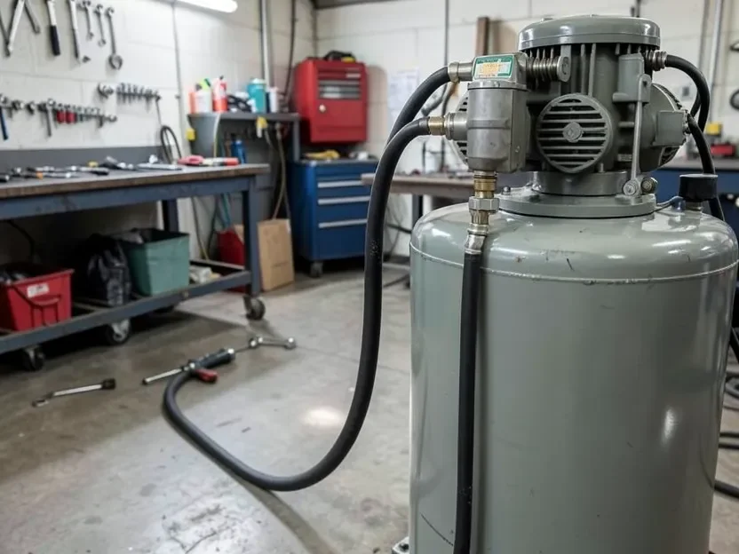 Air compressor and hose setup required to power a pneumatic drill in a shop