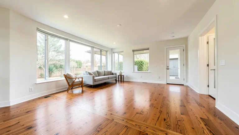 Living room with newly installed American Spirit style hardwood flooring
