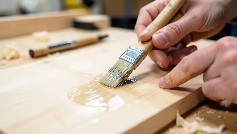 Brushing clear water-based sealant onto a finished wood burned plaque to protect the design