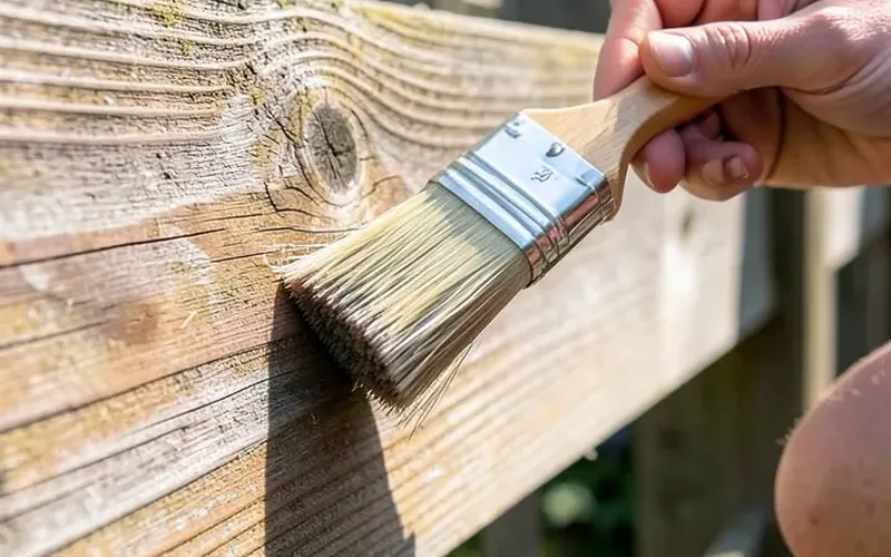 applying clear penetrating wood sealer to an outdoor fence with a brush applying clear penetrating wood sealer to an outdoor fence with a brush