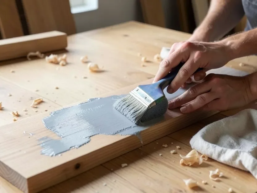 Applying grey whitewash pickling stain to a bare hardwood floor plank with a brush
