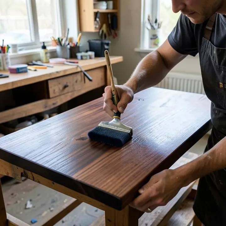 Applying a one-step polyurethane stain with a foam brush to a wood tabletop