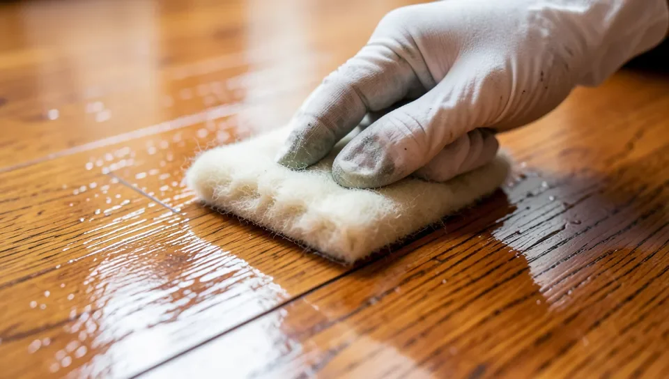 Applying water-based polyurethane finish to a hardwood floor with a lambswool applicator pad